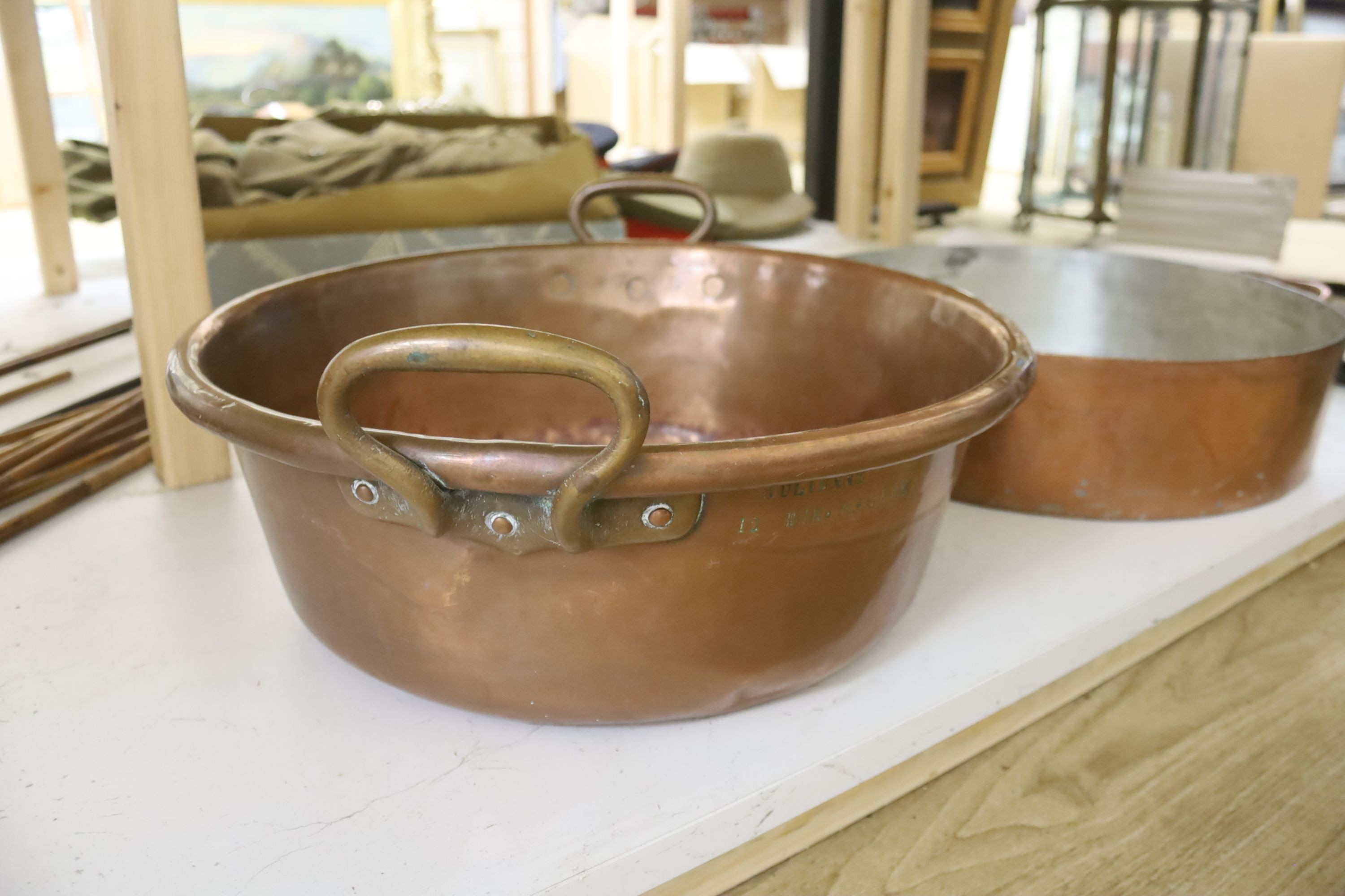 Two large copper two handled preserving pans, 41cm